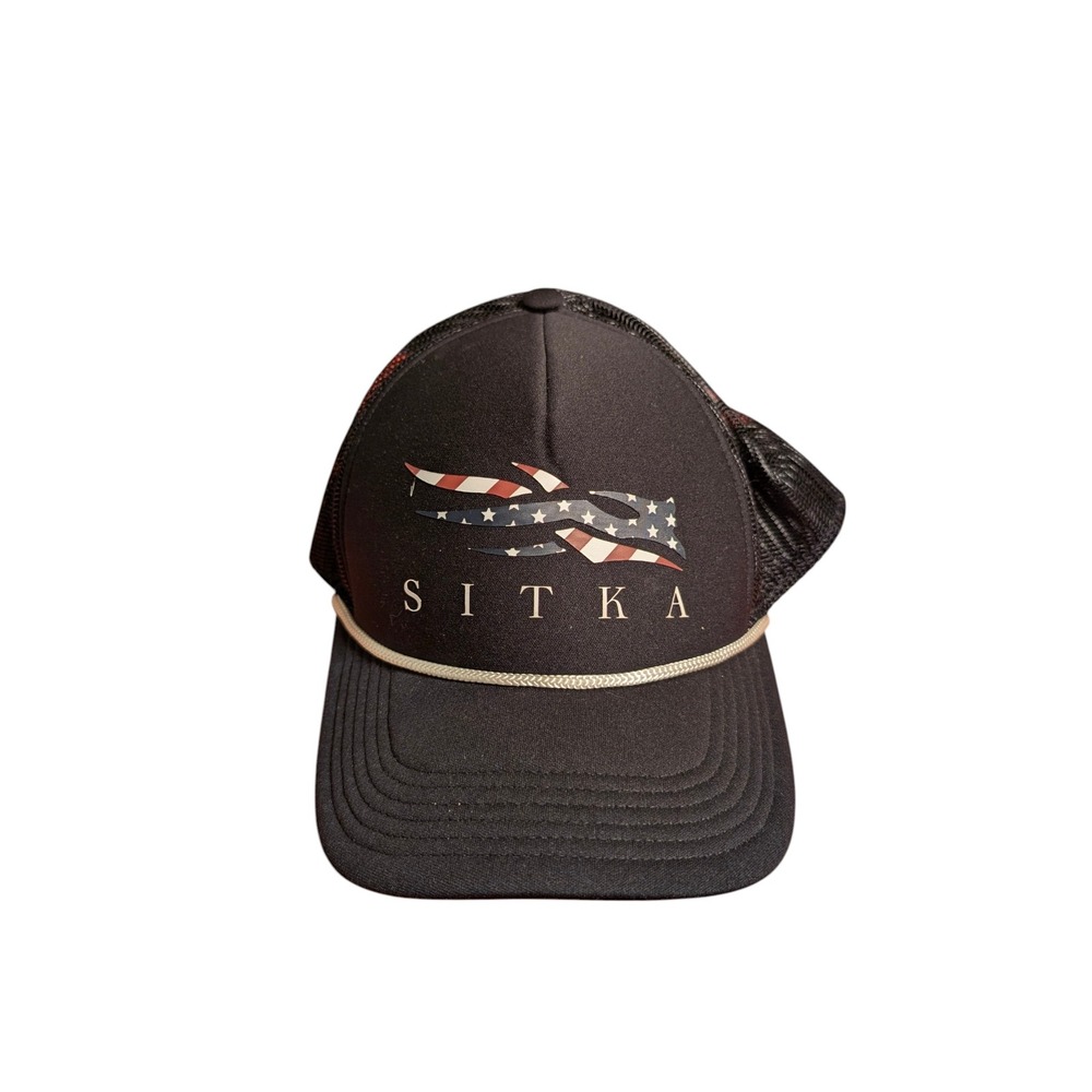 Sitka Gear Hi-Pro Trucker Hat Black American Flag Logo Rope Snapback Cap